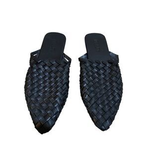 Mihaleo Size EU 37 US 7 Paloma Black Leather Woven Basketweave Mules Slip On